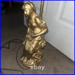 Vintage MCM Relic Art Lady Figural Gold Toned Table Lamp Peasant Girl Tested