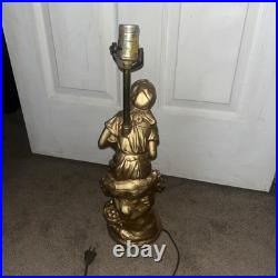 Vintage MCM Relic Art Lady Figural Gold Toned Table Lamp Peasant Girl Tested