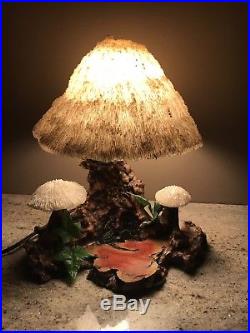 Vintage Magic Mushroom Coral Table Lamp with Burl Wood Tree Base Authentic