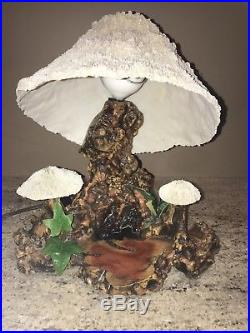 Vintage Magic Mushroom Coral Table Lamp with Burl Wood Tree Base Authentic