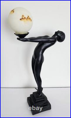 Vintage Max Le Verrier Reproduction Art Deco Female Sculpture Holding Globe Lamp