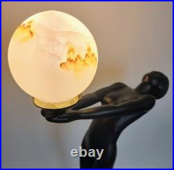 Vintage Max Le Verrier Reproduction Art Deco Female Sculpture Holding Globe Lamp Vintage Max Le Verrier Reproduction Art Deco Female Sculpture Holding Globe Lamp