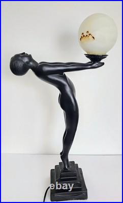 Vintage Max Le Verrier Reproduction Art Deco Female Sculpture Holding Globe Lamp