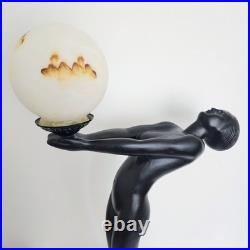Vintage Max Le Verrier Reproduction Art Deco Female Sculpture Holding Globe Lamp