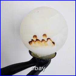 Vintage Max Le Verrier Reproduction Art Deco Female Sculpture Holding Globe Lamp Vintage Max Le Verrier Reproduction Art Deco Female Sculpture Holding Globe Lamp