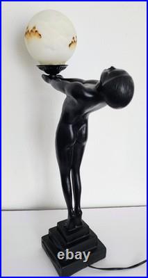 Vintage Max Le Verrier Reproduction Art Deco Female Sculpture Holding Globe Lamp
