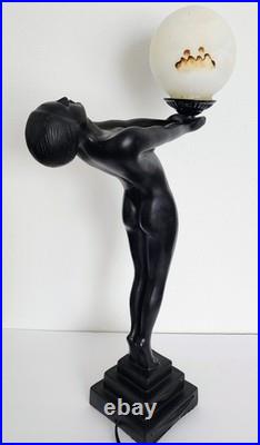 Vintage Max Le Verrier Reproduction Art Deco Female Sculpture Holding Globe Lamp