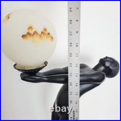Vintage Max Le Verrier Reproduction Art Deco Female Sculpture Holding Globe Lamp