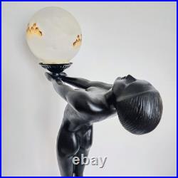 Vintage Max Le Verrier Reproduction Art Deco Female Sculpture Holding Globe Lamp