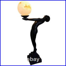 Vintage Max Le Verrier Reproduction Art Deco Female Sculpture Holding Globe Lamp