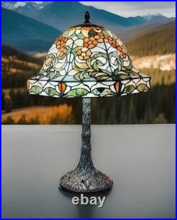 Vintage Metal 22 Lamp Base With Floral Leaded Stained Glass Table Lamp Vintage Metal 22 Lamp Base With Floral Leaded Stained Glass Table Lamp