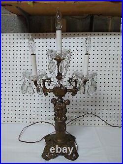 Vintage Metal Angel Cherub Candelabra Table Lamp With Crystals