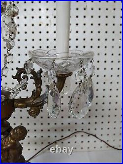 Vintage Metal Angel Cherub Candelabra Table Lamp With Crystals