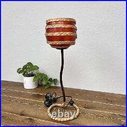 Vintage Metal Raffia Table Lamp Red Fiberglass Shade Squiggle Wine Glass Tarogo