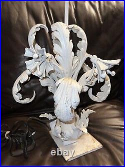 Vintage Metal White Floral Toleware Table Lamp Flowers Iron (Works Great)