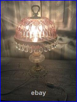 Vintage Michelotti Crystal Glass Prism Boudoir Parlor Table Lamp Pink Cranberry