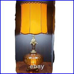 Vintage Mid-Century Bronze, Amber Globe Table Lamp. Hollywood Regency 2 bulb 3