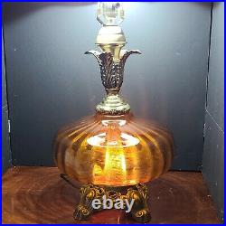 Vintage Mid-Century Bronze, Amber Globe Table Lamp. Hollywood Regency 2 bulb 3