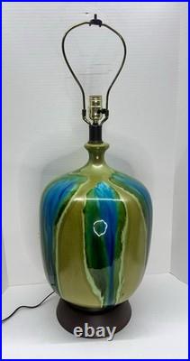 Vintage Mid Century Ceramic Bulbous Melon Drip Glaze Table Lamp Blue Green LARGE