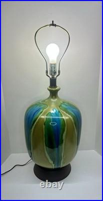 Vintage Mid Century Ceramic Bulbous Melon Drip Glaze Table Lamp Blue Green LARGE
