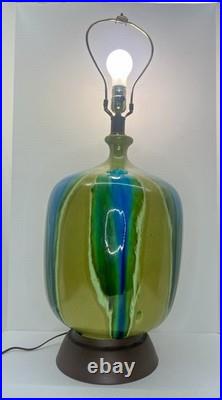 Vintage Mid Century Ceramic Bulbous Melon Drip Glaze Table Lamp Blue Green LARGE