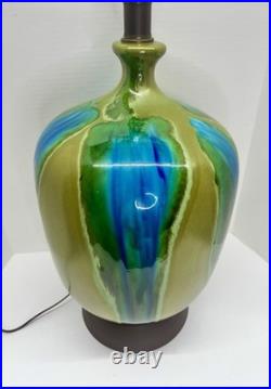 Vintage Mid Century Ceramic Bulbous Melon Drip Glaze Table Lamp Blue Green LARGE