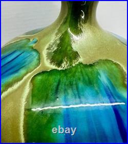 Vintage Mid Century Ceramic Bulbous Melon Drip Glaze Table Lamp Blue Green LARGE