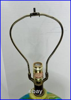 Vintage Mid Century Ceramic Bulbous Melon Drip Glaze Table Lamp Blue Green LARGE