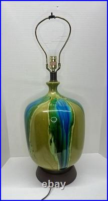 Vintage Mid Century Ceramic Bulbous Melon Drip Glaze Table Lamp Blue Green LARGE