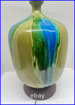 Vintage Mid Century Ceramic Bulbous Melon Drip Glaze Table Lamp Blue Green LARGE