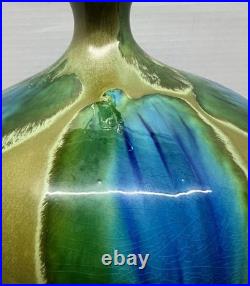 Vintage Mid Century Ceramic Bulbous Melon Drip Glaze Table Lamp Blue Green LARGE