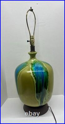 Vintage Mid Century Ceramic Bulbous Melon Drip Glaze Table Lamp Blue Green LARGE Vintage Mid Century Ceramic Bulbous Melon Drip Glaze Table Lamp Blue Green LARGE