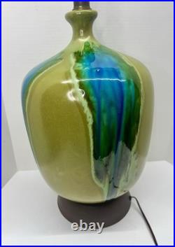 Vintage Mid Century Ceramic Bulbous Melon Drip Glaze Table Lamp Blue Green LARGE