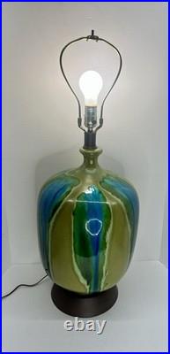 Vintage Mid Century Ceramic Bulbous Melon Drip Glaze Table Lamp Blue Green LARGE