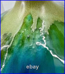 Vintage Mid Century Ceramic Bulbous Melon Drip Glaze Table Lamp Blue Green LARGE