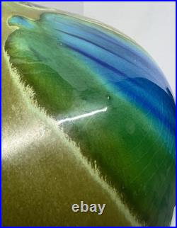 Vintage Mid Century Ceramic Bulbous Melon Drip Glaze Table Lamp Blue Green LARGE