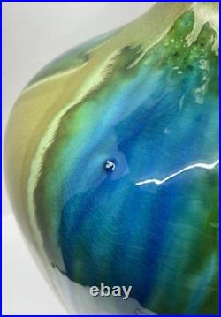 Vintage Mid Century Ceramic Bulbous Melon Drip Glaze Table Lamp Blue Green LARGE