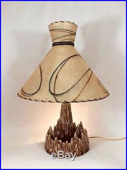 Vintage Mid Century Ceramic Volcano Lamp with Planter Fiberglass Shade Tiki Retro