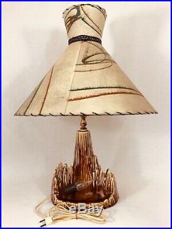 Vintage Mid Century Ceramic Volcano Lamp with Planter Fiberglass Shade Tiki Retro
