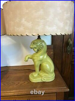 Vintage Mid Century Chartreuse Sitting Tiger Table Lamps Fiberglass Shades