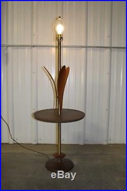 Vintage Mid Century Danish Modern Sculpted Teak Wood Floor Lamp With Table