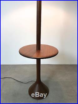 Vintage Mid Century Danish Modern Sculpted Teak Wood Floor Lamp with Side Table
