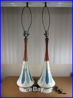 Vintage Mid Century Danish Modern Teak Wood & Ceramic Table Lamps 38 Tall SET