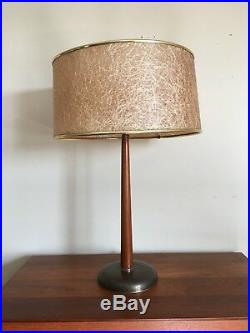 Vintage Mid Century Danish Modern Teak Wood Metal Base Table Lamp Fiberglass sh