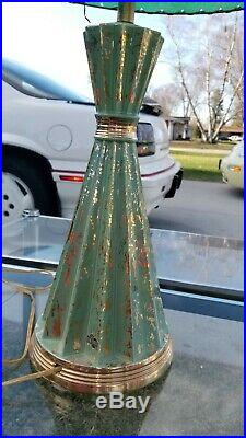 Vintage Mid Century Deena China Green & 24K Gold Splatter Table Lamp withShade