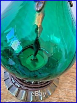 Vintage Mid Century Emerald Green Glass Brass Metal Table Lamps Pair
