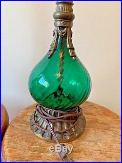 Vintage Mid Century Emerald Green Glass Brass Metal Table Lamps Pair