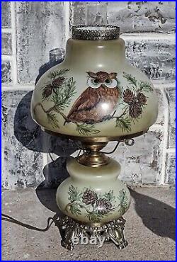 Vintage Mid Century Green Hand Painted Owl Pinecone Cabin Hurricane Table Lamp