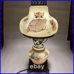 Vintage Mid Century Green Hand Painted Owl Pinecone Cabin Hurricane Table Lamp