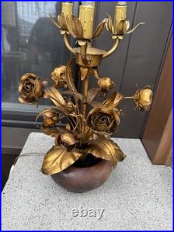 Vintage Mid Century Italian Gilt Roses Flowers Table Lamp Candelabra